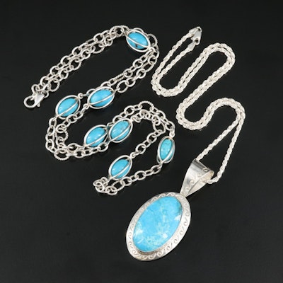 Pairing of Sterling Turquoise Necklaces Including Desert Rose Trading Pendant