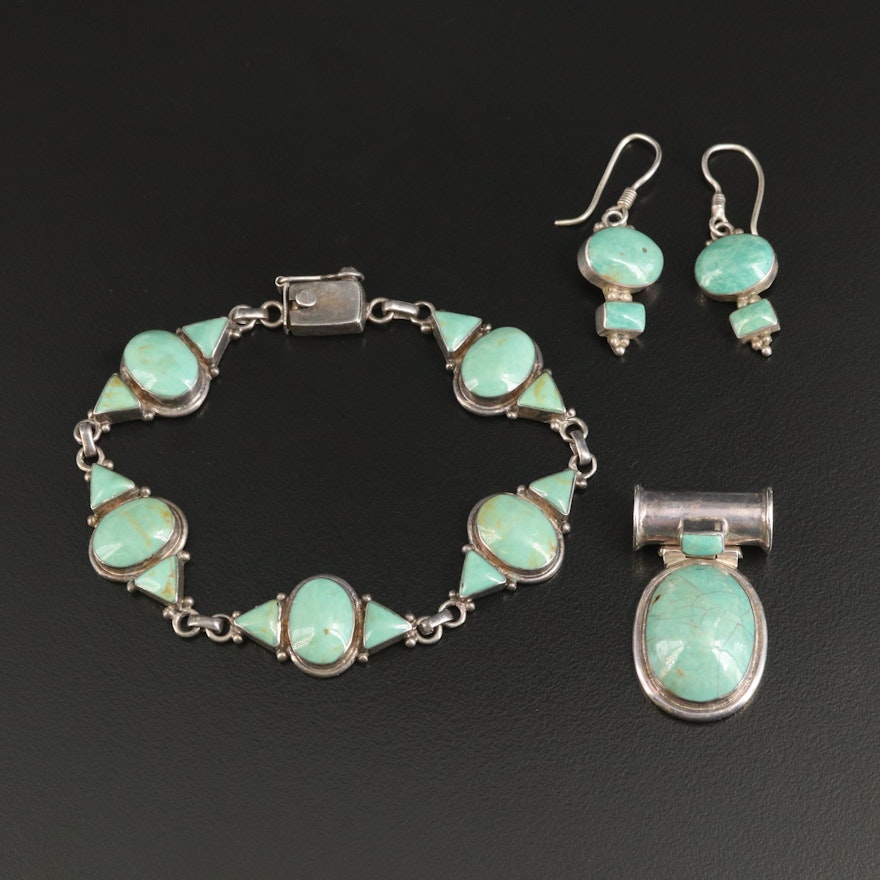 Southwestern Sterling and 950 Silver Turquoise Demi-Parure