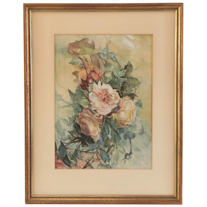 F. Monser Watercolor Painting of Flowers, Late 20th Century