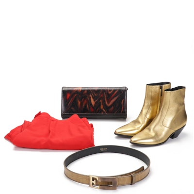 Saint Laurent Metallic Ankle Boots With Escada Pants and Leather Accessories