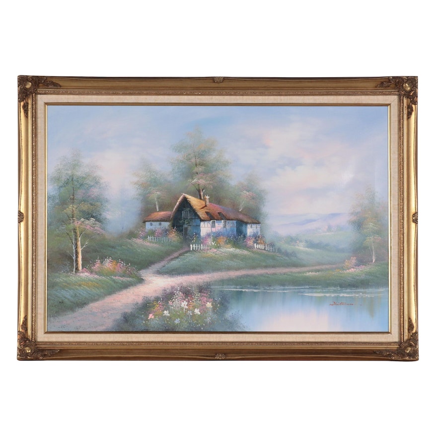 Oil Painting of Idyllic Landscape With Cottage