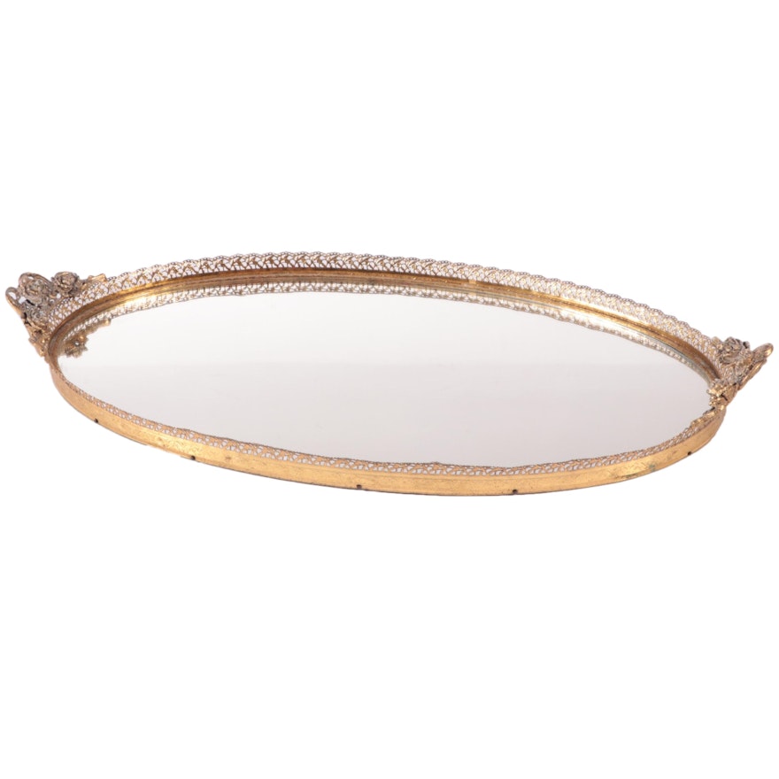 Reticulated Brass and Mirrored Glass Vanity Tray, 20th Century