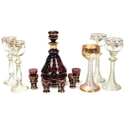 Bohemian Glass Cordial Set with Decanter and Hand-Painted Stemware