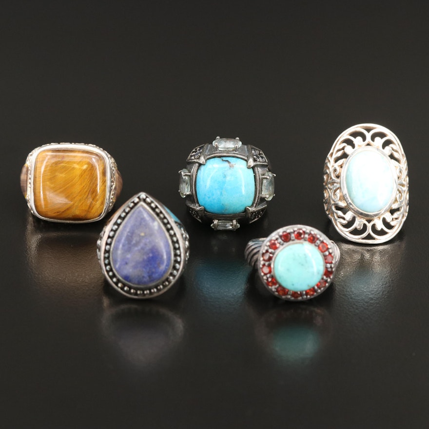 Sterling Ring Selection Including Tiger's Eye, Sky Blue Topaz and Lapis Lazuli