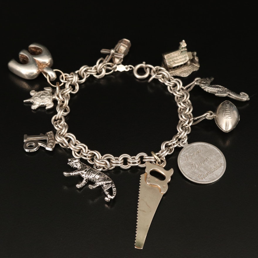 Vintage Sterling Charm Bracelet Featuring Articulated Windmill
