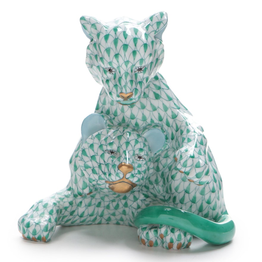 Herend Green Fishnet with Gold "Lion Cubs" Porcelain Figurine, 1993