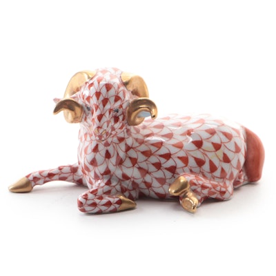 Herend Rust Fishnet with Gold "Lying Ram" Porcelain Figurine, 1993
