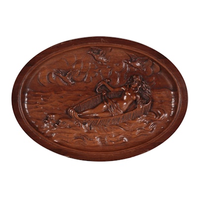 Wood Relief Sculpture of Reclining Figure in Boat