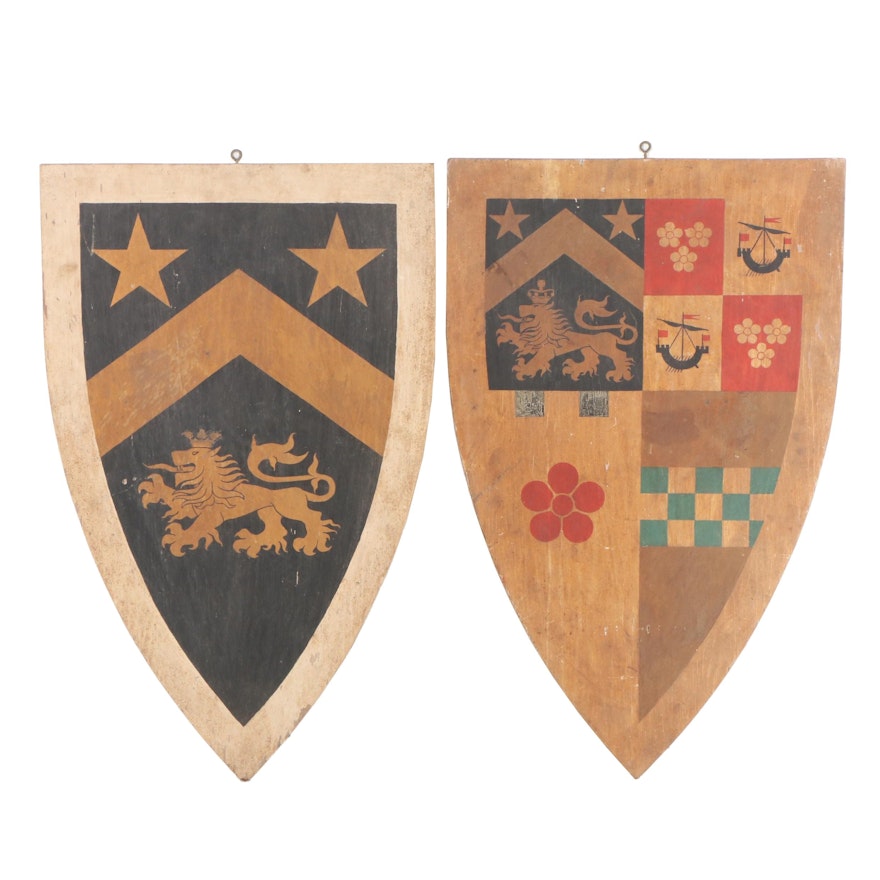 Painted Plywood British Heraldic Shields Wall Plaques, Mid to Late 20th Century