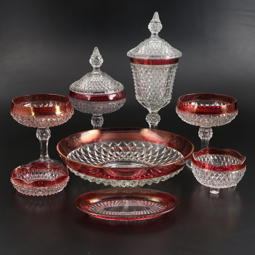 Indiana Glass "Diamond Point" Ruby Flashed Glass Compote, Serving Bowls, and Urn