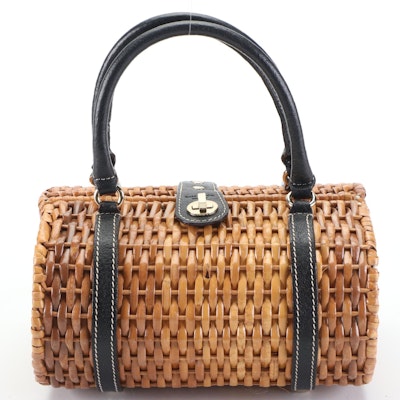 Kate Spade New York Barrel Bag in Woven Natural Fiber and Leather