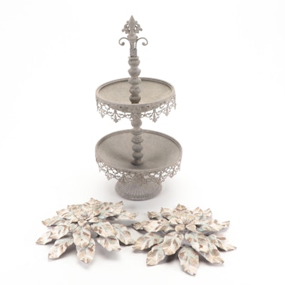 Patinated Metal Floral Wall Plaques with Tiered Metal Stand