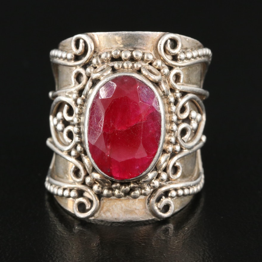 Indian Sterling Corundum Ring with Granulated Detailing