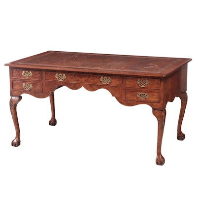 Chippendale Style Burl Wood Desk with Gilt-Embossed Leather