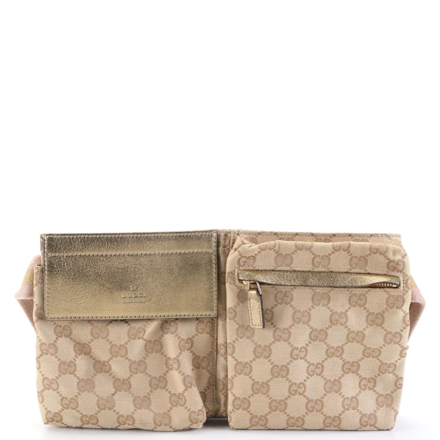 Gucci Web Strap Belt Bag in GG Canvas and Gold Metallic Leather