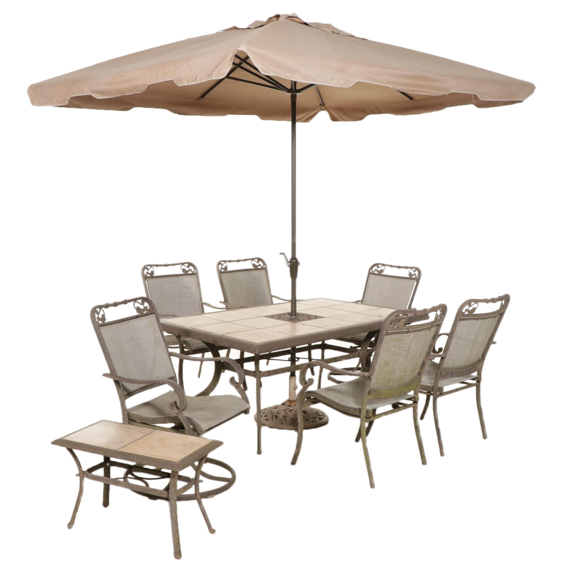 SevenPiece Iron and Ceramic Tile Top Patio Dining Set with Umbrella Stand EBTH