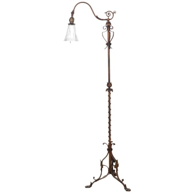 Victorian Style Bronzed Metal Bridge Floor Lamp with Glass Shade, Mid-20th C