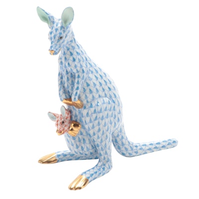 Herend Blue With Gold Fishnet "Kangaroo With Baby" Porcelain Figurine