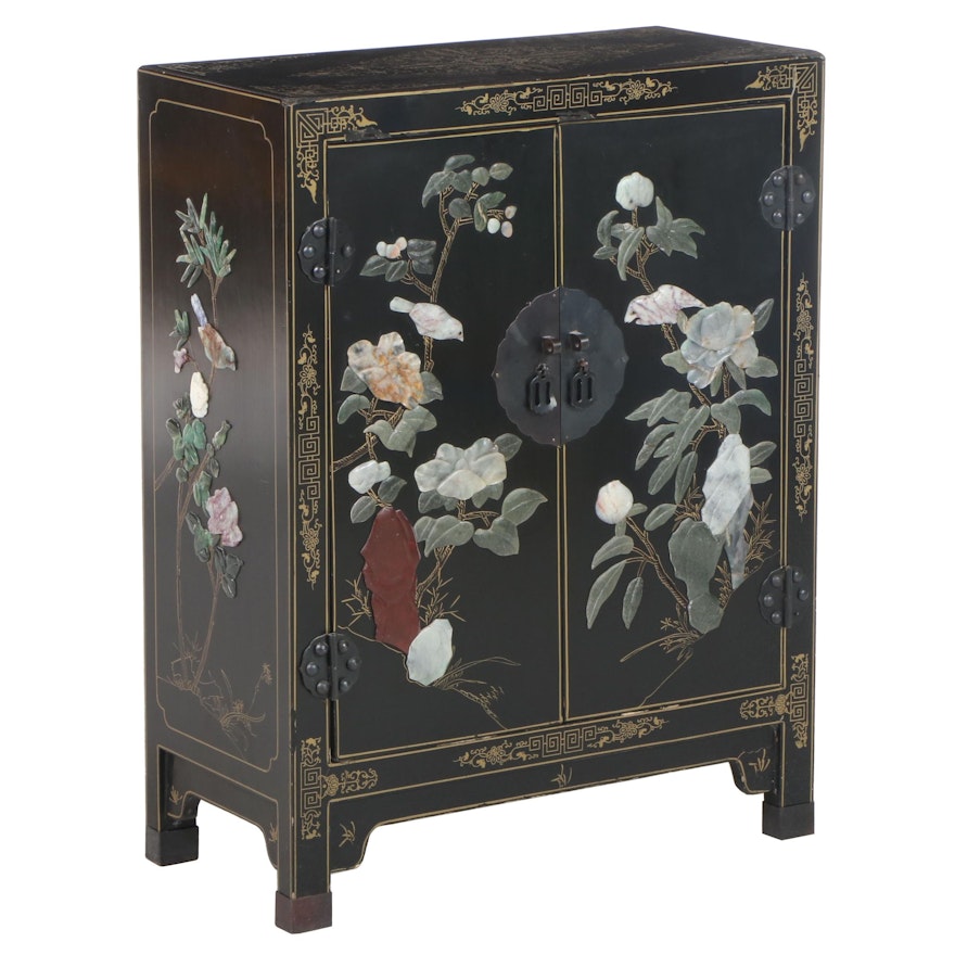 2/2 Jinlong Chinese Black-Lacquered, Parcel-Gilt, and Stone-Mounted Side Cabinet