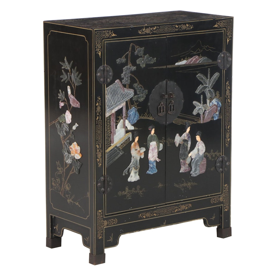 1/2 Jinlong Chinese Black-Lacquered, Parcel-Gilt, and Stone-Mounted Side Cabinet