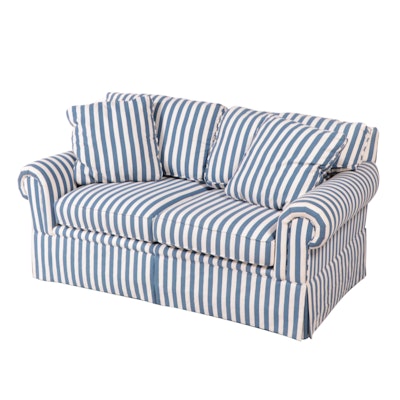 1/2 Lineage Home Furnishings Blue and White-Striped Loveseat, Late 20th Century