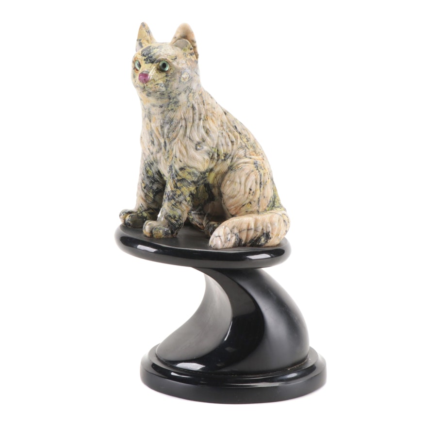 Carved Soapstone Cat with Ruby Nose and Rock Crystal Quartz