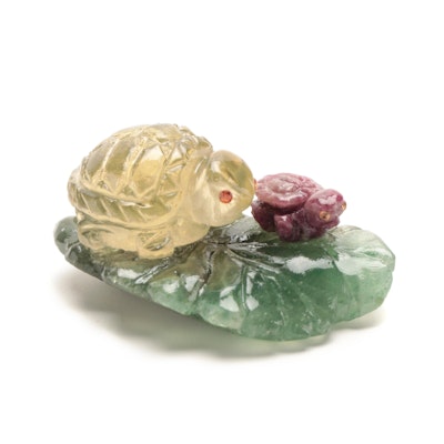Hand-Carved Ruby in Zoisite and Citrine Turtles with Orange Sapphire Inlays