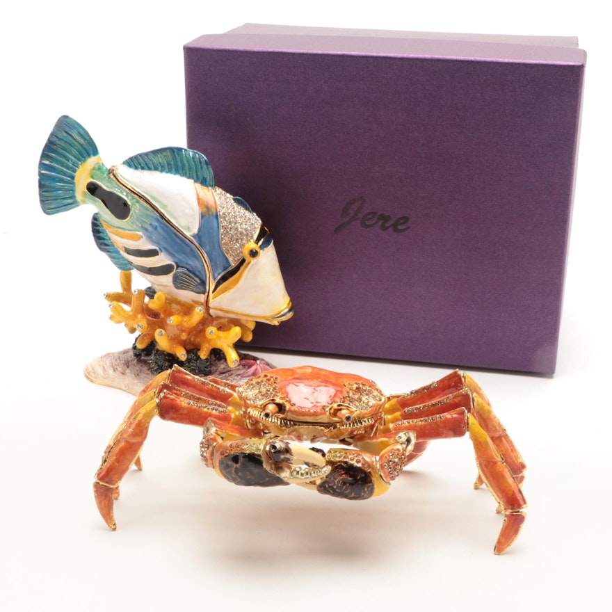 Jere Enameled Pewter Crab and Fish Boxes with Necklace