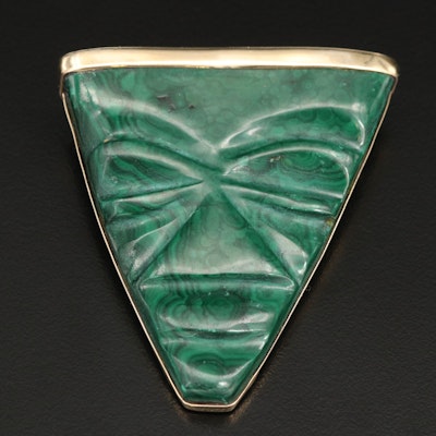 Mexican 14K Carved Malachite Aztec Warrior Mask Pendant