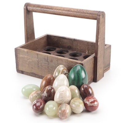 Polished Malachite, Banded Calcite, Jasper, Fossil and Other Stone and Wood Eggs