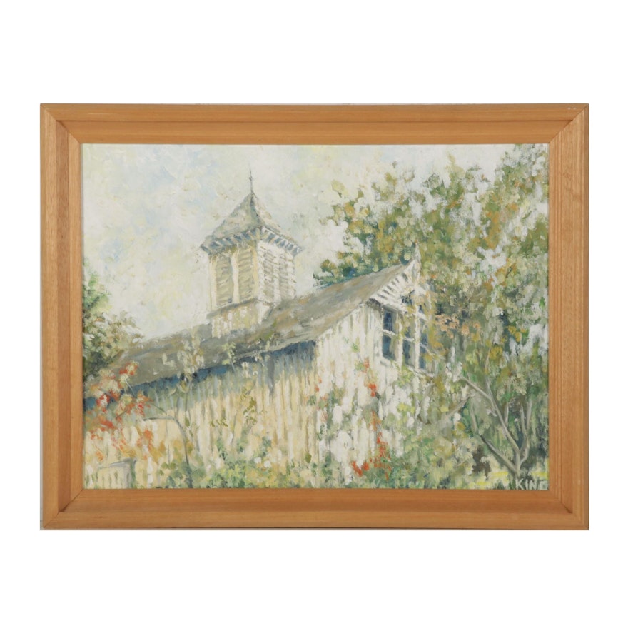 Todd King Oil Painting of Rural Church and Steeple, Late 20th-21st Century