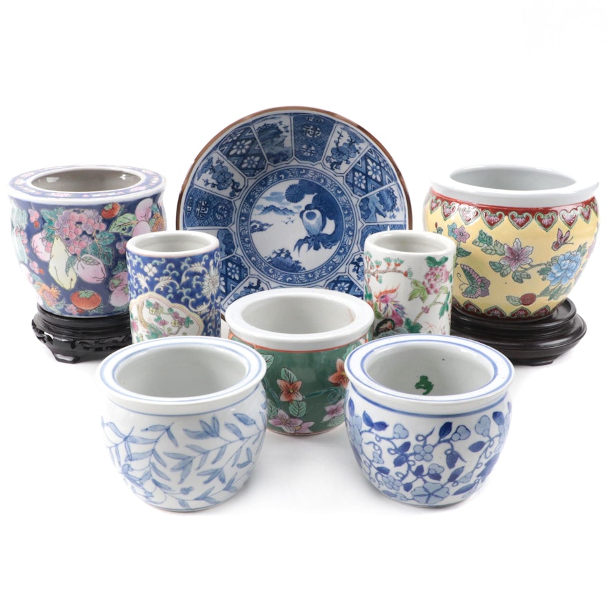Japanese Imari Bowl with Chinese Porcelain Vases and Planters