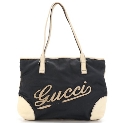 Gucci Small Logo Shoulder Tote in Black Nylon Canvas and Ivory Leather