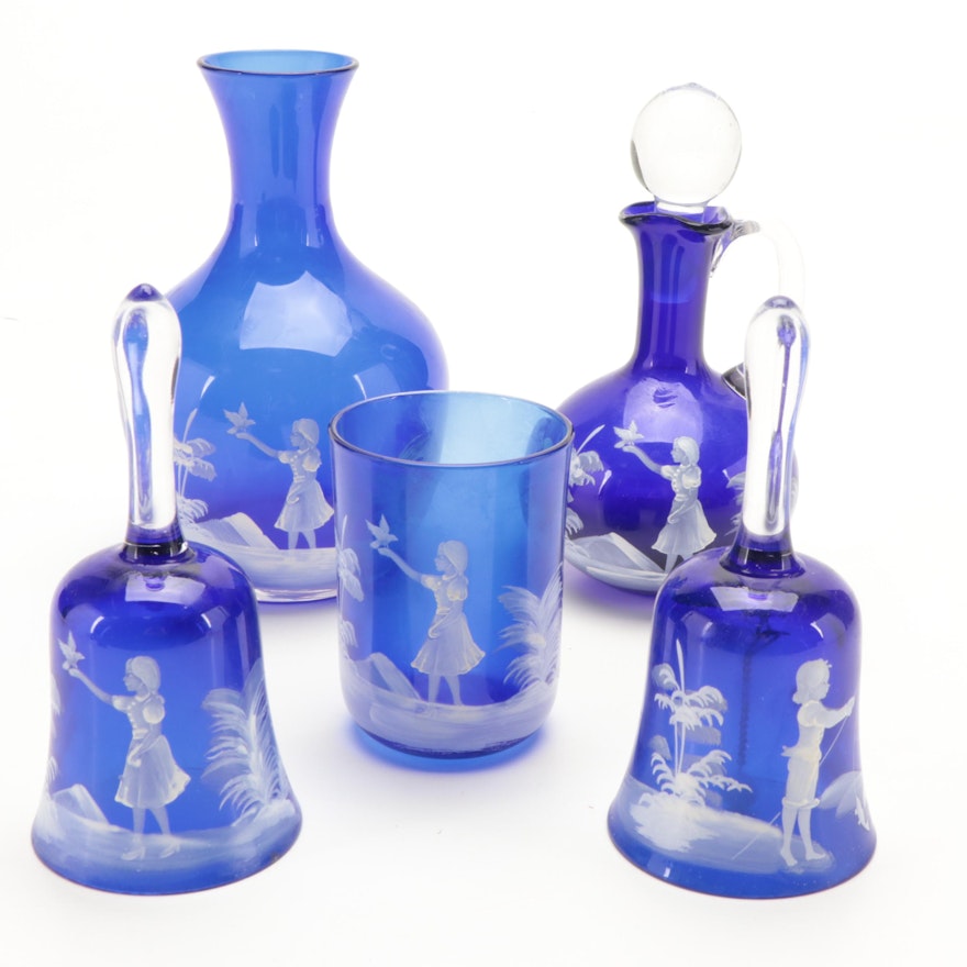 Mary Gregory Quarkmal Design Cobalt Glass Vase, Cruet and Other Tableware