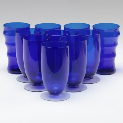 Cobalt Glass Footed Water Goblets and Flat Tumblers