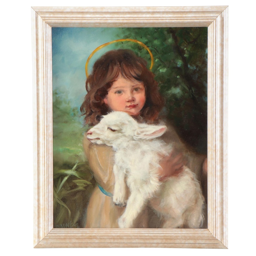 Figural Oil Painting of a Child With Lamb
