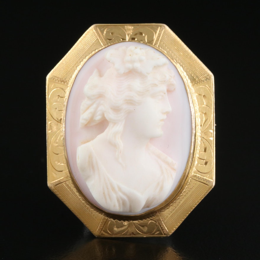 Early 1900s 10K Conch Shell High-Relief Cameo Converter Brooch
