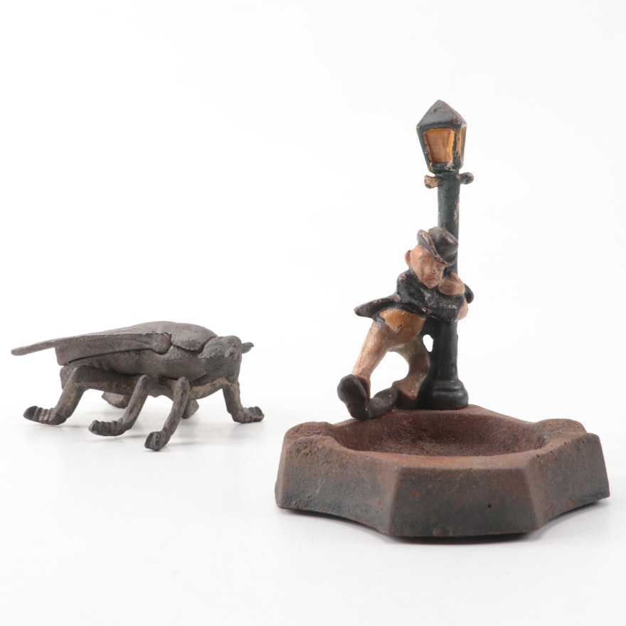 Cast Iron Fly Match Safe with "Drunk on Lamp Post" Ashtray, Early 20th Century