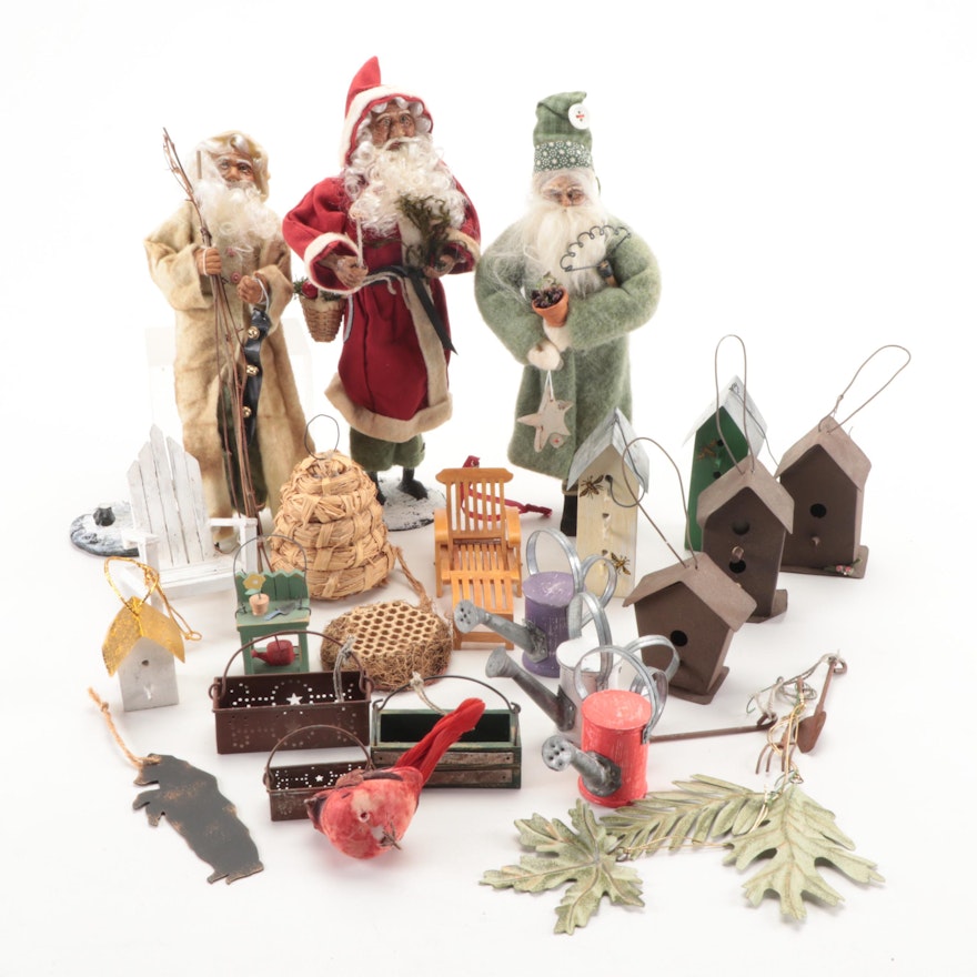 Felted Santa Claus Figurines with Other Rustic Style Christmas Ornaments