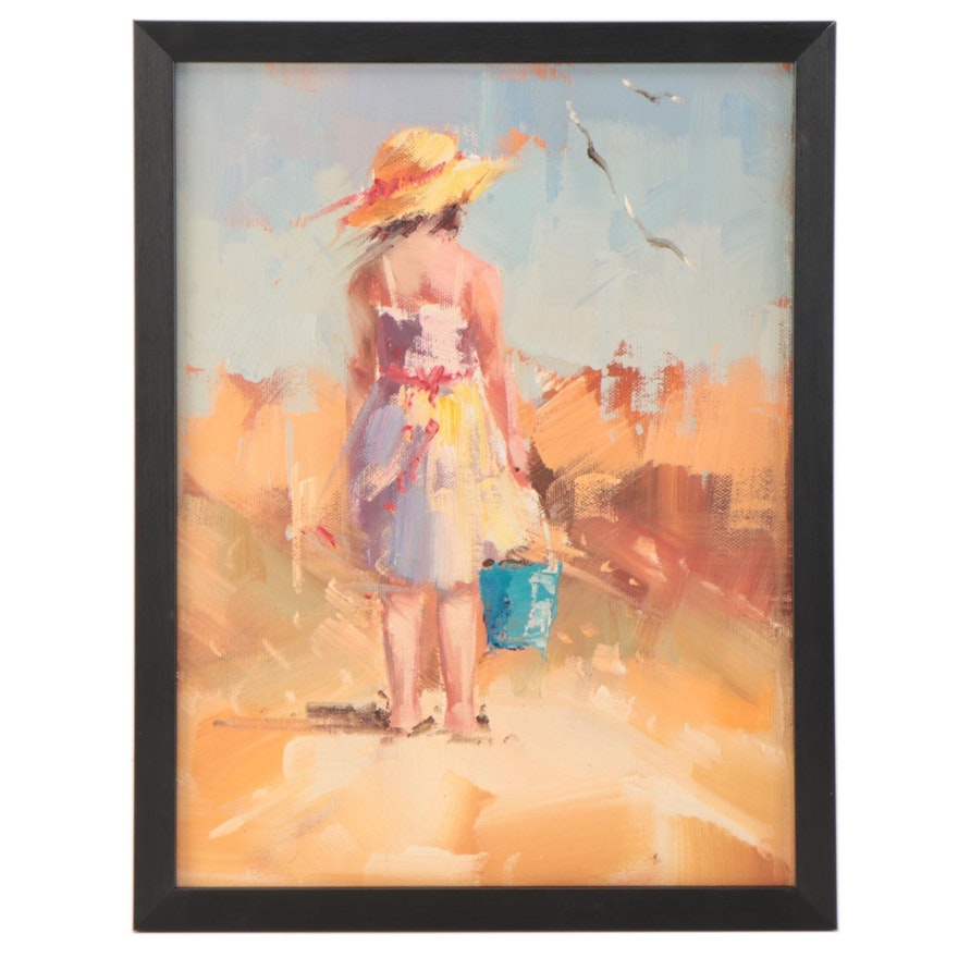 Coastal Scene Oil Painting of Young Girl With Blue Pail
