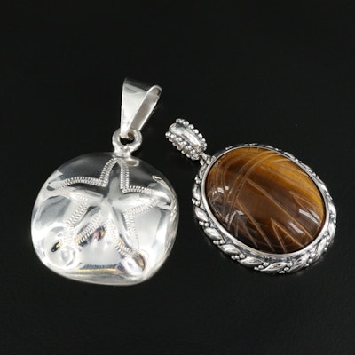 Mexican Sterling Tiger's Eye Carved Scarab Pendant