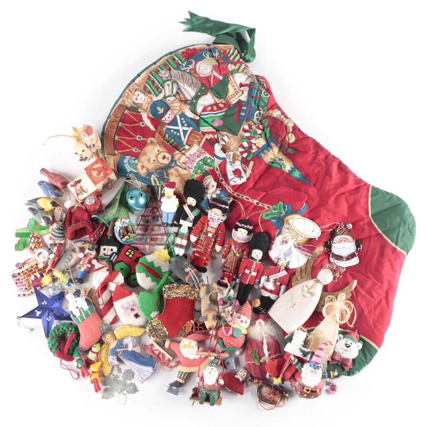 Cloth Stocking and Assorted Christmas Ornaments