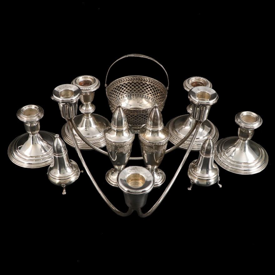 Duchin and Other Sterling Silver Candle Holders with Sterling Tableware