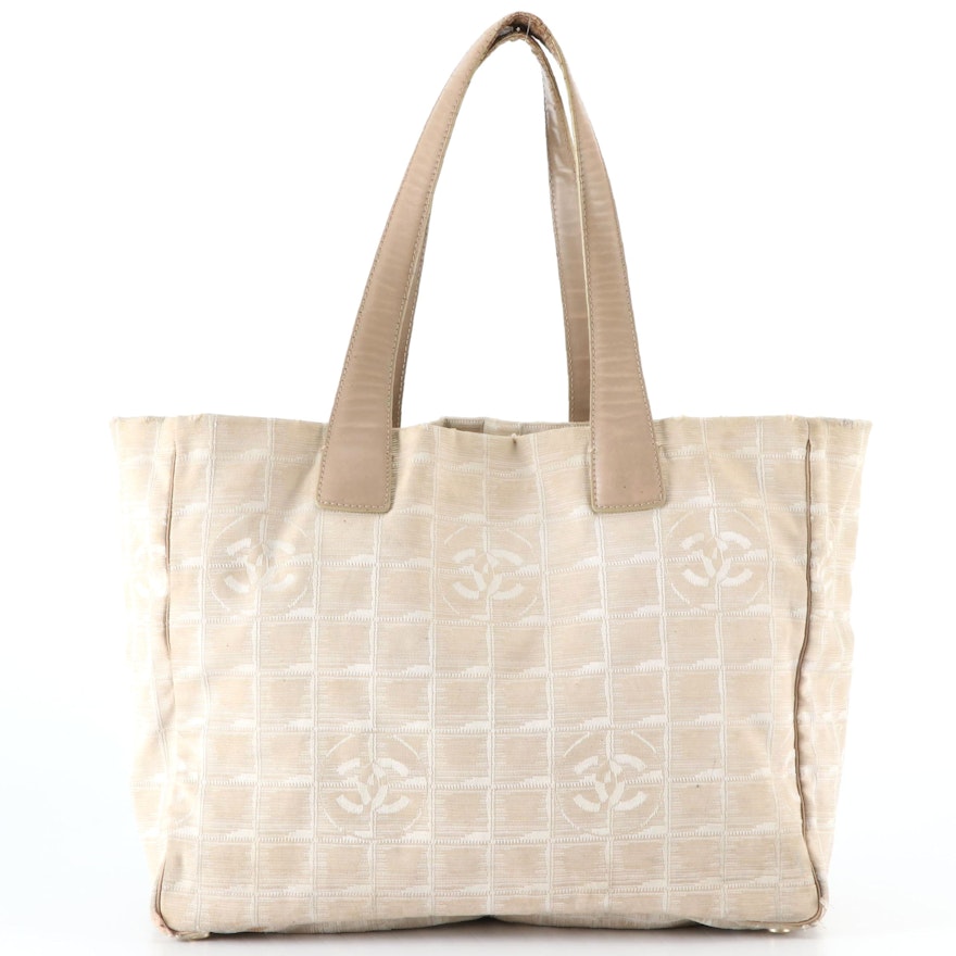 Chanel Travel Line Tote Bag in Beige Jacquard Canvas and Leather