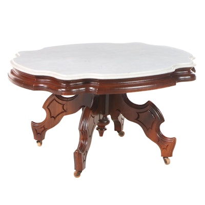 Victorian Walnut and White Marble Coffee Table, Late 19th Century and Adapted