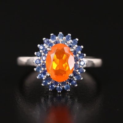 Sterling Fire Opal and Sapphire Halo Ring