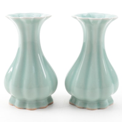 Pair of Chinese Celadon Glaze Lobed Pear Shaped Vases