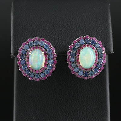 Sterling Opal, Ruby and Sapphire Earrings