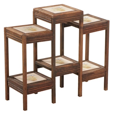 Two Tier Wooden Plant Stand with Decorative Tile Inlay, Late 20th Century