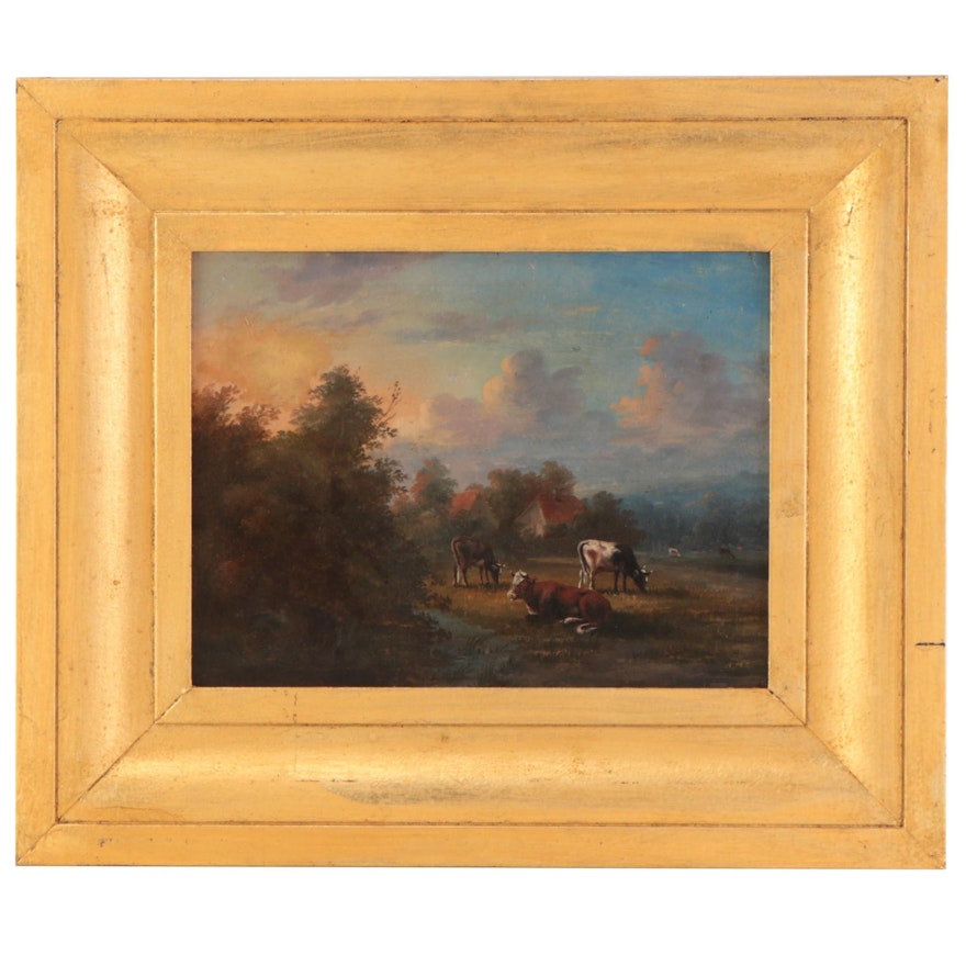 European Oil Painting of Pastoral Scene With Cattle, Circa 1900